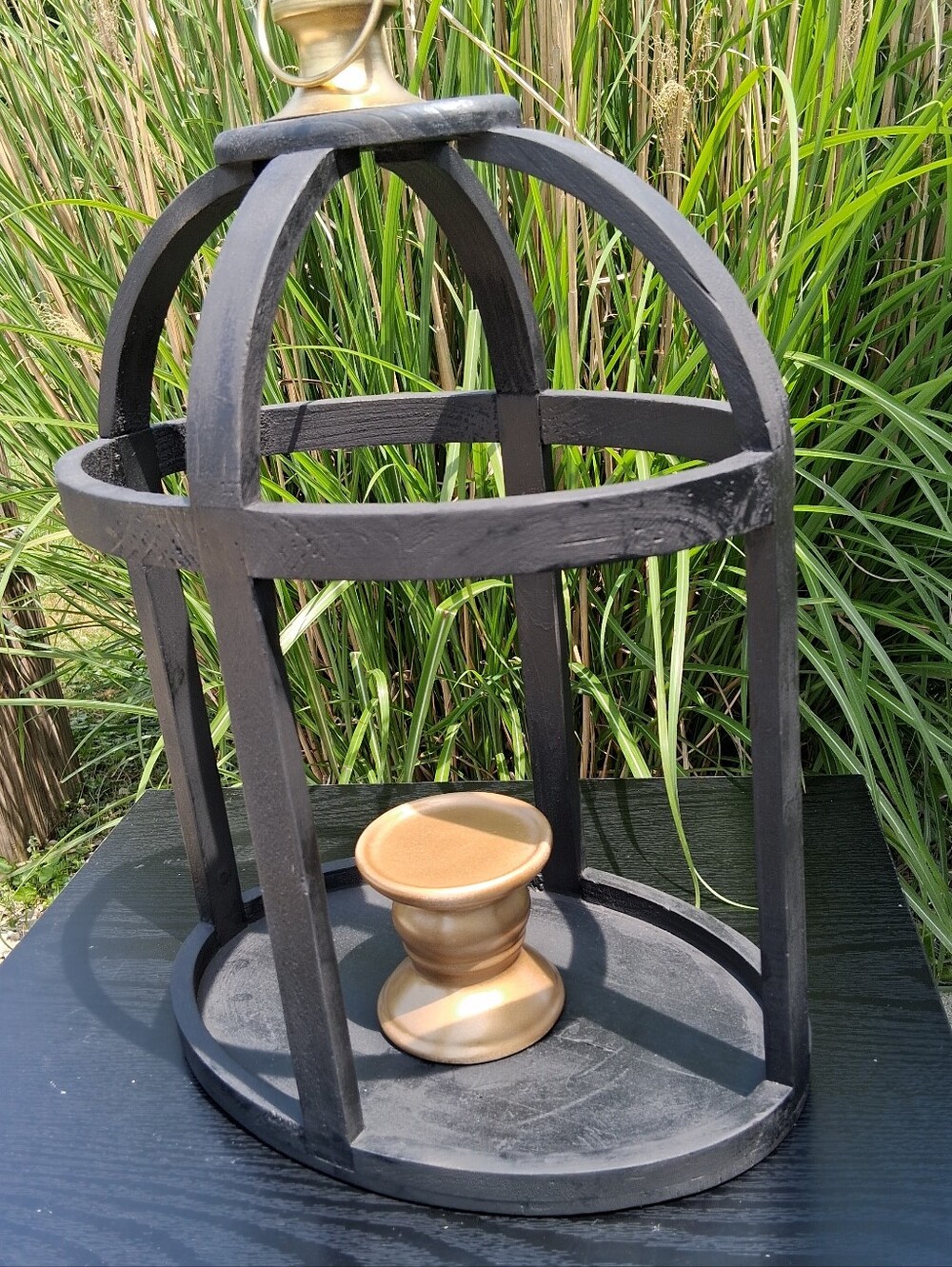Black Decorative Cage Accent with Gold Pedestal For Candles